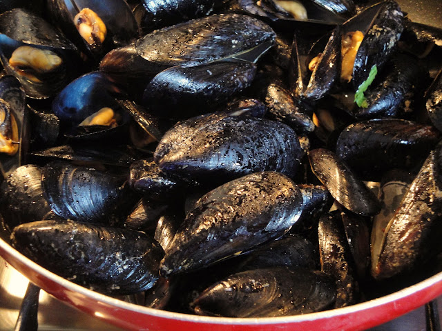 Pentola rossa colma di cozze nere dal guscio blu scuro, atmosfera rustica e avvolgente.