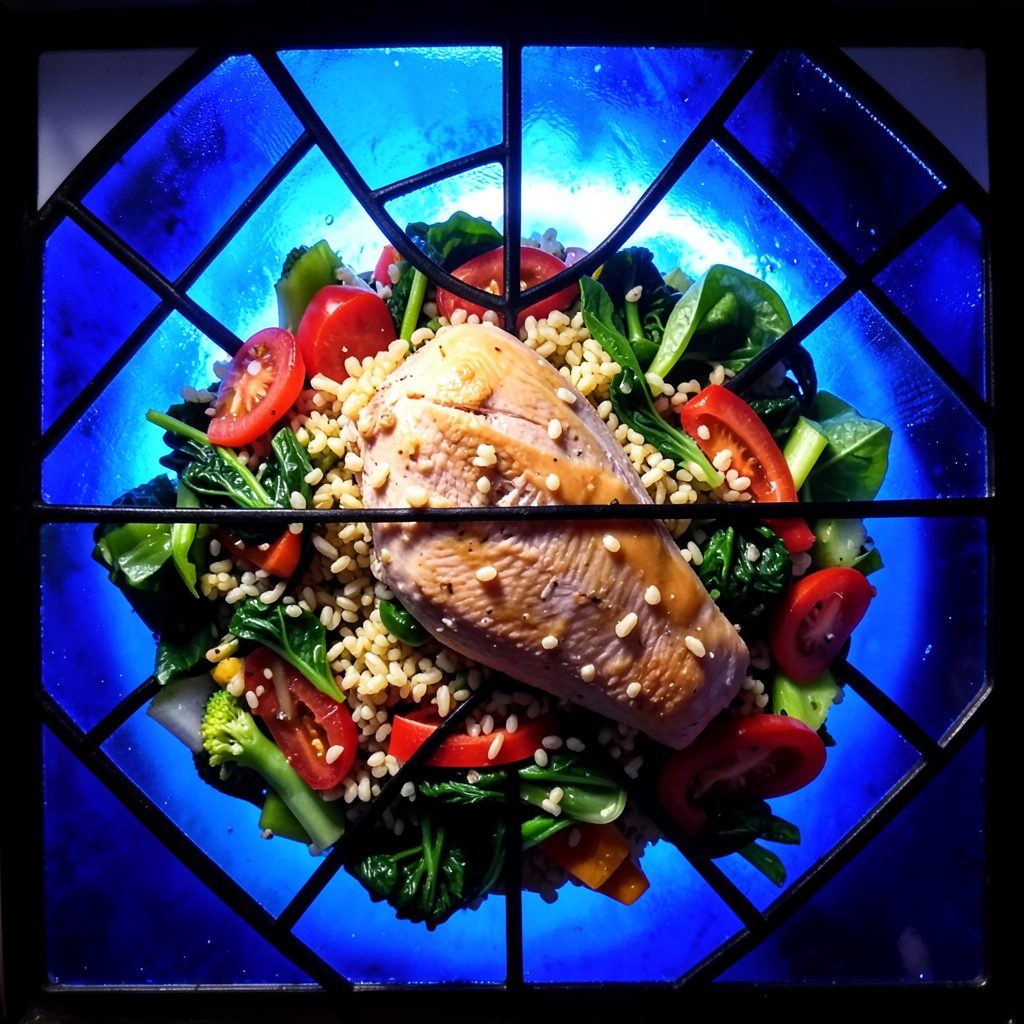 Cous cous speziato con pollo, mazzancolle e verdure, colori caldi mediterranei